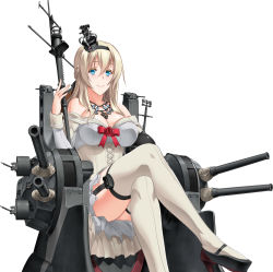 Rule 34 | 1girl, bare shoulders, black footwear, blonde hair, blue eyes, braid, breasts, cannon, cleavage, corset, crossed legs, crown, dress, flower, french braid, garter straps, globus cruciger, henshako, high heels, highres, jewelry, kantai collection, large breasts, long hair, long sleeves, looking at viewer, machinery, mary janes, mini crown, necklace, off-shoulder dress, off shoulder, red flower, red ribbon, red rose, ribbon, rose, scepter, shoes, sitting, smile, solo, thighhighs, throne, turret, warspite (kancolle), white dress, white thighhighs