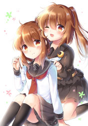 Rule 34 | 2girls, ;d, adapted costume, belt, black sailor collar, black serafuku, black socks, blush, brown eyes, brown hair, check commentary, commentary request, crescent, crescent pin, folded ponytail, fumizuki (kancolle), hair between eyes, hand on another&#039;s shoulder, inazuma (kancolle), kantai collection, kneehighs, long hair, long sleeves, look-alike, looking at viewer, megu kaze, multiple girls, neckerchief, one eye closed, open mouth, playing with own hair, pleated skirt, ponytail, red neckerchief, sailor collar, school uniform, serafuku, skirt, smile, socks, white neckerchief