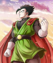 Rule 34 | 1boy, absurdres, black hair, cape, dragon ball, dragonball z, gloves, great saiyaman, hero costume, highres, large pectorals, muscular, muscular male, pectoral cleavage, pectorals, red cape, short hair, smile, son gohan, sparkle background, spiked hair, tagme, white gloves