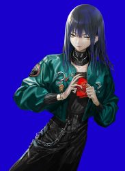 Rule 34 | 1girl, black hair, black pants, blue background, buttons, card, chain, ear piercing, feet out of frame, gloves, green jacket, hair between eyes, highres, holding, holding card, infukun, jacket, lipstick, logo, long hair, long sleeves, makeup, original, pants, piercing, red lips, simple background, smile, solo, standing, yellow eyes