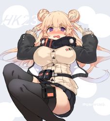 Rule 34 | 1girl, blonde hair, breasts, commentary request, facing viewer, flustered, ganesagi, girls&#039; frontline, hair bun, highres, hk23 (girls&#039; frontline), jacket, large breasts, long hair, miniskirt, side bun, single hair bun, single side bun, skirt, solo, thighhighs, white background