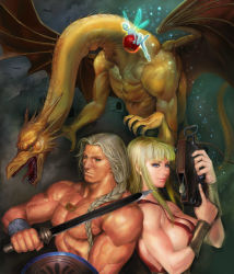 Rule 34 | 1990s (style), 1boy, 1girl, amazon sara, amazon warrior, apple, arrow (projectile), bat (animal), blonde hair, blue eyes, bow (weapon), bracelet, breasts, capcom, castle, cloud, crossbow, dragon, dust, fairy, fangs, fantasy, fog, food, fruit, fujiwara hisashi, gem, jewelry, large breasts, lips, magic sword, manly, monster, muscular, necklace, nude, ponytail, realistic, retro artstyle, shield, sword, tail, tongue, tower, warrior, weapon, wings, yellow eyes