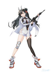 Rule 34 | 1girl, absurdres, artist name, assault rifle, asymmetrical legwear, black hair, black thighhighs, bodystocking, breasts, cape, covered navel, dress, elbow gloves, eyepiece, fingerless gloves, full body, girls&#039; frontline, gloves, grey socks, gun, hair ornament, highres, holding, holding gun, holding weapon, knee pads, long hair, long sleeves, looking away, medium breasts, mouth hold, nocon, open mouth, orange eyes, parted lips, qbz-191, qbz-191 (girls&#039; frontline), rifle, shoes, single sock, single thighhigh, sneakers, socks, solo, standing, teeth hold, thighhighs, weapon, white background, white cape, white dress, white footwear, white gloves