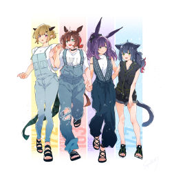 Rule 34 | 4girls, :d, animal ears, arknights, black footwear, black hair, black ribbon, black shorts, blonde hair, blue pants, blunt bangs, brown hair, casual, cat ears, cat tail, catapult (arknights), character name, collarbone, commentary request, denim, full body, green eyes, hair between eyes, hair ornament, hair ribbon, hairclip, height chart, high ponytail, highres, holding hands, horns, horse ears, jessica (arknights), long hair, looking at another, looking at viewer, multiple girls, open mouth, overalls, pants, pointy ears, ponytail, purple hair, red eyes, ribbon, rope (arknights), sandals, shirt, shizuyoshi, short hair, shorts, sidelocks, signature, simple background, sleeveless, smile, tail, toeless footwear, toes, torn clothes, vanilla (arknights), white background, white shirt