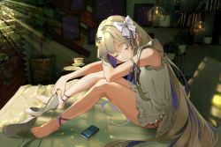 Rule 34 | 1girl, absurdres, amanogawa shiina, ankle ribbon, arm ribbon, bare shoulders, barefoot, window blinds, blonde hair, cellphone, closed eyes, closed mouth, cup, dress, feet, from side, hair ribbon, high heels, highres, indoors, knees up, leaning forward, leg ribbon, multicolored hair, on bed, phase connect, phone, plant, potted plant, purple hair, rasa k, ribbon, saucer, second-party source, shoes, unworn shoes, sitting, smartphone, smile, solo, tea, teacup, thighs, toes, two-tone hair, virtual youtuber, white dress, white footwear, white ribbon