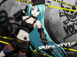 Rule 34 | 1girl, :d, alternate costume, aqua hair, aqua nails, armpits, bad id, bad pixiv id, bare shoulders, belt, belt buckle, black gloves, blue eyes, boots, breasts, buckle, caution tape, character name, cleavage, collar, collarbone, colored eyelashes, cowboy shot, crop top, detached sleeves, english text, fingerless gloves, fishnet thighhighs, fishnets, garrison cap, gloves, graffiti, hand on own head, hand up, hat, hatsune miku, headset, iga tomoteru, leather, long hair, looking at viewer, midriff, nail polish, navel, open mouth, pantyhose, project diva, project diva (series), punk, radiation symbol, shadow, short shorts, shorts, skull and crossbones, small breasts, smile, solo, star (symbol), tattoo, thigh boots, thighband pantyhose, thighhighs, very long hair, vocaloid, wallpaper
