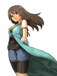 Rule 34 | 1990s (style), 1girl, arm warmers, arms behind back, bad id, bad pixiv id, bike shorts, brown eyes, brown hair, detached sleeves, female focus, final fantasy, final fantasy viii, jewelry, long hair, miniskirt, necklace, pencil skirt, retro artstyle, rinoa heartilly, shibasaki shouji, shorts, simple background, skirt, solo, zipper