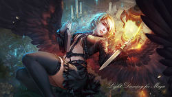 Rule 34 | angel, angel wings, antilous, black skirt, black thighhighs, black wings, blonde hair, book, breasts, candle, candlestand, cleavage, dagger, english text, fantasy, frills, holding, holding book, holding dagger, holding knife, holding weapon, jewelry, knife, lantern, long sleeves, looking to the side, lying, medium breasts, midriff, on back, open book, original, parted lips, ring, skirt, solo, thighhighs, underboob, urn, weapon, wings
