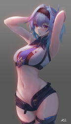Rule 34 | 1girl, absurdres, armpits, arms up, belt, black hairband, black headband, blue hair, blue neckwear, breasts, cowboy shot, eula (genshin impact), genshin impact, grey background, hair ornament, hair tie in mouth, hairband, headband, highres, medium breasts, medium hair, midriff, mouth hold, multicolored eyes, navel, open clothes, open shorts, ponytail, purple eyes, ribbon, ribbon in mouth, rinn 00, short shorts, shorts, signature, simple background, solo, thigh strap, tying hair, yellow eyes