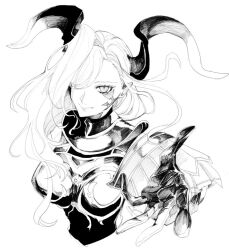 Rule 34 | 1girl, armor, black armor, black horns, blonde hair, dragon horns, facial mark, fate/grand order, fate (series), hair over one eye, horns, kuriimu0203, looking at viewer, monochrome, nero claudius (fate), nero claudius (fate) (all), pointy ears, queen draco (fate), queen draco (third ascension) (fate), reaching, reaching towards viewer, shoulder plates, simple background, smile, solo, upper body, wavy hair, white background