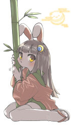 Rule 34 | 1girl, animal ears, bamboo, blunt bangs, blush, bms of fighters, brown hair, cheek press, closed mouth, commentary request, crescent, crescent hair ornament, egasumi, from side, full body, green kimono, hair ornament, haori, highres, jacket, japanese clothes, kaguya hime, kimono, long hair, long sleeves, looking at viewer, looking to the side, rabbit ears, red jacket, rubbing, sandals, short kimono, sitting, solo, thighhighs, uewtsol, wariza, white background, white thighhighs, wide sleeves, yellow eyes, zouri