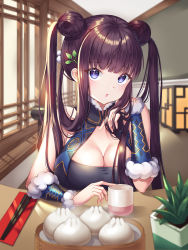 Rule 34 | 1girl, absurdres, bamboo steamer, bare shoulders, black dress, blue eyes, blunt bangs, blush, breasts, china dress, chinese clothes, chopsticks, cleavage, cup, detached sleeves, dim sum, double bun, dress, fate/grand order, fate (series), food, hair bun, hair ornament, hand in own hair, highres, large breasts, leaf hair ornament, long hair, looking at viewer, nowsicaa, open mouth, plant, potted plant, purple hair, revision, sidelocks, sitting, slit pupils, solo, table, twintails, very long hair, yang guifei (fate), yang guifei (first ascension) (fate), yang guifei (second ascension) (fate)