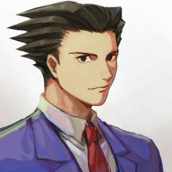 Rule 34 | 1boy, ace attorney, baiaidi, black hair, blue jacket, blue suit, closed mouth, collared shirt, forehead, formal, grey eyes, jacket, looking at viewer, necktie, phoenix wright, red necktie, shirt, simple background, solo, suit, upper body, white background, white shirt
