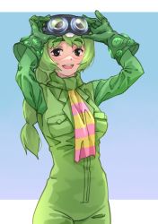 Rule 34 | 1girl, :d, absurdres, arms up, black eyes, blue background, breast pocket, buttons, commentary, cowboy shot, gachapin, gloves, goggles, goggles on head, gradient background, green gloves, green hair, green jumpsuit, highres, hirake! ponkikki, jumpsuit, kemono friends, long hair, long sleeves, looking at viewer, necktie, open mouth, personification, pocket, simple background, smile, solo, striped necktie, tanabe (fueisei), teeth, upper teeth only
