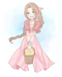 Rule 34 | 1girl, :d, aerith gainsborough, aqua eyes, bad id, bad twitter id, basket, brown hair, cropped jacket, dress, eyes visible through hair, final fantasy, final fantasy vii, flower, hair intakes, hair ribbon, highres, holding, holding basket, jacket, long hair, looking at viewer, open clothes, open jacket, open mouth, pink dress, pink ribbon, puffy short sleeves, puffy sleeves, red jacket, ribbon, short sleeves, smile, solo, teeth, toufu (toufu 53), v arms, yellow flower