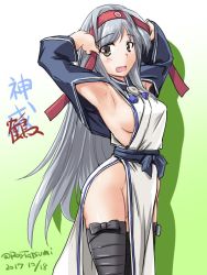 Rule 34 | 1girl, ainu clothes, armpits, black thighhighs, brown eyes, character name, cosplay, cowboy shot, cropped jacket, dated, green background, grey hair, hairband, kamoi (kancolle), kamoi (kancolle) (cosplay), kantai collection, long hair, long sleeves, no panties, one-hour drawing challenge, open mouth, pelvic curtain, red hairband, shoukaku (kancolle), solo, tatsumi ray, thighhighs, twitter username, wrist guards