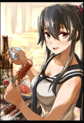 Rule 34 | 1girl, black border, black hair, blush, border, breasts, cleavage, collarbone, cup, food, highres, holding, holding cup, holding food, indoors, kantai collection, long hair, looking at viewer, open mouth, ponytail, red eyes, reiwa, sailor collar, school uniform, scrunchie, seitei (04seitei), serafuku, shirt, sidelocks, signature, sleeveless, sleeveless shirt, solo, yahagi (kancolle)