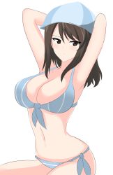 Rule 34 | 1girl, absurdres, aikir (jml5160), armpits, arms up, bikini, breasts, brown eyes, brown hair, cleavage, girls und panzer, hat, highres, large breasts, medium hair, mika (girls und panzer), navel, side-tie bikini bottom, solo, swimsuit, white background