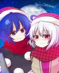 Rule 34 | 2girls, bad id, bad twitter id, black dress, blue eyes, blue hair, blurry, blush, breasts, brown jacket, cellphone, depth of field, doremy sweet, dress, english text, full moon, hat, holding, holding phone, jacket, kishin sagume, looking at another, merry christmas, moon, multiple girls, phone, plaid, plaid scarf, pom pom (clothes), purple dress, purple eyes, red scarf, santa hat, scarf, shiohachi, short hair, silver hair, smartphone, smile, star (symbol), starry background, taking picture, touhou