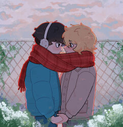 Rule 34 | 2boys, black eyes, black hair, blonde hair, blue coat, blush, chain-link fence, closed mouth, cloud, coat, commentary, couple, earmuffs, english commentary, eye contact, fence, from side, grey coat, hanazawa teruki, highres, holding hands, kageyama shigeo, kaogens, long sleeves, looking at another, male focus, mob psycho 100, multiple boys, outdoors, pants, red scarf, scarf, shared clothes, shared scarf, short hair, smile, standing, winter clothes, winter coat, yaoi