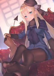 Rule 34 | 1girl, :q, beret, blonde hair, blue coat, blurry, blurry background, blush, boots, bow, brown bow, brown footwear, brown gloves, brown hat, brown pantyhose, closed mouth, coat, commentary request, couch, demon tail, depth of field, fate (series), feet, flower, fringe trim, gloves, green eyes, hair bow, hair flower, hair ornament, hat, holding, holding boots, holding clothes, holding footwear, legs, long hair, long sleeves, lord el-melloi ii case files, no shoes, on couch, pantyhose, reines el-melloi archisorte, rose, sitting, smile, soles, solo, suzuho hotaru, tail, tail raised, tilted headwear, tongue, tongue out, unworn boots, v-shaped eyebrows, very long hair, white flower, white rose, window