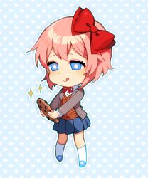 Rule 34 | 1girl, :q, blazer, blue background, blue eyes, blue footwear, blue skirt, bow, bright pupils, brown sweater, buttons, chibi, chocolate chip cookie, closed mouth, collared jacket, collared shirt, commentary, cookie, doki doki literature club, english commentary, eyelashes, food, full body, grey jacket, hair bow, heart, heart background, holding, holding cookie, holding food, jacket, kneehighs, lapels, layered sleeves, light blush, long sleeves, looking at food, mary janes, miniskirt, neck ribbon, notched lapels, official art, open clothes, open jacket, outline, pink hair, pleated skirt, red bow, red ribbon, ribbon, satchely, sayori (doki doki literature club), school uniform, shirt, shoes, short hair, simple background, skirt, smile, socks, solo, sparkle, sweater, sweater vest, tongue, tongue out, white outline, white pupils, white shirt, white socks
