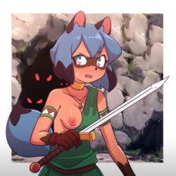 Rule 34 | 1girl, absurdres, animal ears, brand new animal, breasts, cave, furry, furry female, goblin, green eyes, highres, kagemori michiru, multicolored eyes, multicolored hair, nipples, nude, one breast out, pink eyes, raccoon ears, raccoon girl, raccoon tail, red eyes, short hair, sword, tail, tanquito kun, tanuki, weapon