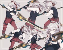 Rule 34 | 1boy, absurdres, bare shoulders, belt, black belt, black shirt, hair over one eye, hairband, high ponytail, highres, holding, holding polearm, holding weapon, honkai: star rail, honkai (series), jing yuan, long hair, looking at viewer, male focus, meltsmelts, mole, mole under eye, pants, polearm, red hairband, red pants, shirt, smile, solo, training, weapon, white hair, yellow eyes
