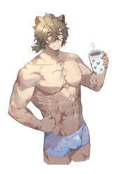 Rule 34 | 1boy, abs, alchemy stars, animal ears, animal print, bara, bear boy, bear ears, bear print, blue male underwear, blush, boxer briefs, bulge, character request, cropped legs, cup, genderswap, glasses, heart, heart print, highres, holding, holding cup, huan shi tian tong, large pectorals, looking at viewer, low ponytail, male focus, male underwear, medium hair, mug, muscular, muscular male, navel, no nipples, pectorals, print mug, scar, shy, solo, stomach, thick eyebrows, too many, too many scars, topless male, underwear