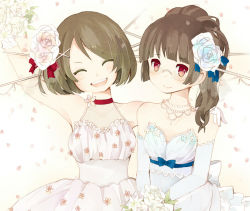 Rule 34 | 10s, 2girls, alternate hairstyle, bare shoulders, black hair, brown hair, bucket, choker, choukai (kancolle), dress, flower, glasses, gloves, hair ornament, haru mineko, jewelry, kantai collection, long hair, maya (kancolle), multiple girls, necklace, open mouth, personification, ponytail, red eyes, short hair, smile, wedding dress