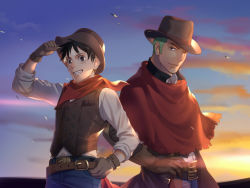 Rule 34 | 2boys, adjusting clothes, adjusting headwear, alternate costume, black hair, brown gloves, cowboy hat, foxvulpine, gloves, green hair, hat, leather belt, leather vest, light smile, long sleeves, looking at viewer, male focus, monkey d. luffy, multiple boys, one eye closed, one piece, roronoa zoro, scar, scar across eye, scar on face, shirt, sky, smile, sunset, teeth, upper body, white shirt