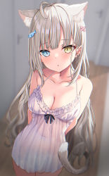Rule 34 | 1girl, absurdres, ahoge, akino ell, animal ear fluff, animal ears, arms behind back, bare arms, bare shoulders, blue eyes, blurry, breasts, cat ears, cat girl, cat tail, cleavage, collarbone, covered navel, cowboy shot, depth of field, dress, extra ears, grey hair, hair ornament, hairclip, halter dress, halterneck, heterochromia, highres, long hair, looking at viewer, medium breasts, original, parted lips, see-through, short dress, sleeveless, sleeveless dress, solo, spaghetti strap, standing, tail, very long hair, white dress, yellow eyes