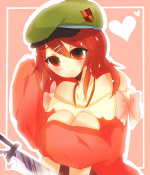 Rule 34 | 1girl, androgynous, beret, bow, bowtie, dagger, flaky (happy tree friends), hair ornament, hairclip, happy tree friends, hat, heart, kayakugohan, knife, long hair, necktie, red hair, simple background, solo, sweater, weapon