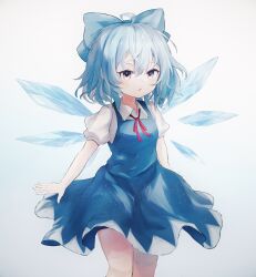 Rule 34 | 1girl, ahoge, ar (maeus), blue bow, blue dress, blue eyes, blue hair, bow, cirno, collared shirt, commentary, dress, fairy, feet out of frame, hair between eyes, hair bow, highres, ice, ice wings, parted lips, pinafore dress, puffy short sleeves, puffy sleeves, red ribbon, ribbon, shirt, short hair, short sleeves, sleeveless dress, solo, touhou, white shirt, wings