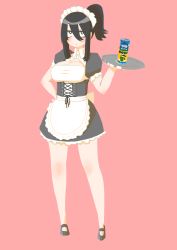 Rule 34 | 1girl, absurdres, apron, black hair, breasts, can, cleavage, cocoa fuumi, full body, highres, holding, holding tray, jitome, large breasts, maid, maid apron, maid headdress, original, pink background, ponytail, puffy short sleeves, puffy sleeves, rinko-san (cocoa fuumi), short sleeves, sidelocks, simple background, solo, standing, tray, waist apron