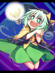 Rule 34 | 1girl, :d, blush, dress, floral print, green eyes, green hair, hat, komeiji koishi, letterboxed, light bulb, matching hair/eyes, monopollyan, open mouth, own hands clasped, own hands together, smile, solo, third eye, touhou