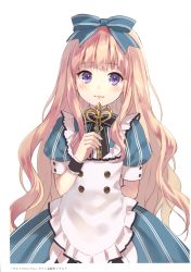 Rule 34 | 1girl, :3, absurdres, alice (alice in wonderland), apron, blue eyes, blush, brown hair, fukahire (ruinon), highres, key, last chronicle, long hair, looking at viewer, ribbon, short sleeves, simple background, smile, solo, white background, wrist cuffs