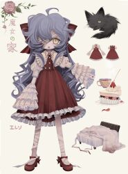 Rule 34 | 1girl, :d, absurdres, animal, bandage over one eye, bandaged leg, bandages, bed, cat, character sheet, cup, dress, flower, frilled dress, frilled sleeves, frills, full body, highres, juliet sleeves, leaf, long hair, long sleeves, meyou 0319, one eye closed, open mouth, pink flower, pink rose, puffy sleeves, purple hair, red footwear, rose, smile, standing, teacup, very long hair, yellow eyes