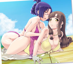 Rule 34 | 10s, 2girls, arched back, arm support, ass, bare shoulders, barefoot, bikini, blue hair, breasts, brown eyes, brown hair, cleavage, covered erect nipples, folded ponytail, front-tie top, glasses, jewelry, kei jiei, large breasts, light smile, long hair, looking at viewer, lying, multiple girls, navel, necklace, on side, partially submerged, red eyes, ridget (suisei no gargantia), saaya (suisei no gargantia), short hair, suisei no gargantia, swimsuit, thighs, water, yuri