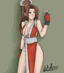 Rule 34 | 1girl, bare legs, bare shoulders, breasts, brown hair, center opening, cleavage, endokun, fatal fury, fingerless gloves, gloves, groin, highres, large breasts, legs, middle finger, ninja, no panties, pelvic curtain, ponytail, revealing clothes, shiranui mai, simple background, snk, solo, the king of fighters