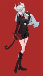 1girl, alternate costume, bangs, black footwear, black gloves, black hairband, black jacket, black skirt, blush, boots, breasts, clipboard, closed mouth, collared shirt, cosplay, demon girl, demon tail, donuttypd, eyebrows visible through hair, female focus, formal, full body, glasses, gloves, grey hair, hairband, hand up, happy, heel up, helltaker, holding, holding clipboard, horns, id card, jacket, jewelry, knee boots, light blush, long hair, long sleeves, low-tied long hair, lucifer (helltaker), miniskirt, necklace, pandemonica (helltaker), pandemonica (helltaker) (cosplay), pencil skirt, red background, red shirt, round eyewear, shiny, shiny hair, shirt, side slit, sidelocks, simple background, skirt, skirt suit, small breasts, smile, solo, spikes, standing, suit, tail
