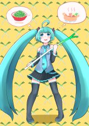 Rule 34 | 1girl, absurdres, ahoge, aqua hair, aqua necktie, bare shoulders, black skirt, black sleeves, black thighhighs, blue eyes, boots, bowl, chopsticks, commentary, detached sleeves, fire, food, food background, full body, grey shirt, hair ornament, hatsune miku, highres, holding, holding food, holding spring onion, holding vegetable, hotpot, imagining, long hair, looking up, matsuhisa (ryo-tsuda1), meat, miniskirt, necktie, noodles, pigeon-toed, pleated skirt, ramen, saliva, shadow, shirt, shoulder tattoo, skirt, sleeveless, sleeveless shirt, solo, spoon, spring onion, standing, steam, tattoo, thigh boots, thighhighs, thought bubble, tofu, twintails, v-shaped eyebrows, vegetable, very long hair, vocaloid, yellow background, zettai ryouiki