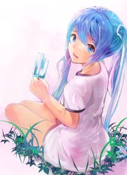 Rule 34 | 00s, 1girl, aqua eyes, aqua hair, bad id, bad pixiv id, food, from behind, grass, hatsune miku, long hair, looking back, matching hair/eyes, mebin, popsicle, sitting, solo, twintails, vocaloid