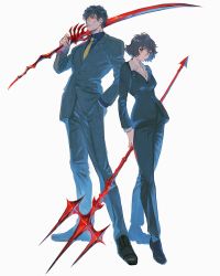 Rule 34 | 1boy, 1girl, black eyes, black footwear, black hair, black jacket, black pants, black shirt, black suit, chain sumeragi, closed mouth, collared shirt, dress shirt, formal, full body, hair over one eye, hand in pocket, hand up, highres, holding, holding polearm, holding sword, holding weapon, jacket, kekkai sensen, long sleeves, looking at viewer, looking away, necktie, over shoulder, pants, polearm, scar, scar on face, shirt, shoes, short hair, simple background, standing, steven a. starphase, suit, sword, ta0oxo0ma, trident, weapon, weapon over shoulder, white background, white shirt, yellow neckwear
