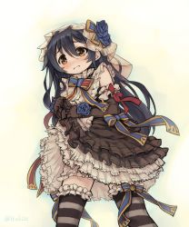 Rule 34 | 10s, 1girl, bad id, bad pixiv id, black gloves, black hair, blue flower, blue hair, blue rose, blush, bow, bowtie, clothes lift, cowboy shot, dress, dress lift, elbow gloves, flower, frilled dress, frilled thighhighs, frills, from below, frown, gloves, hair flower, hair ornament, itsukia, layered skirt, long hair, looking at viewer, love live!, love live! school idol festival, love live! school idol project, petticoat, ribbon, rose, simple background, skirt, skirt lift, sleeveless, sleeveless dress, solo, sonoda umi, striped clothes, striped thighhighs, thighhighs, twitter username, yellow eyes, zettai ryouiki