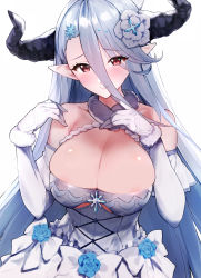 Rule 34 | 1girl, bare shoulders, blush, breasts, cleavage, closed mouth, draph, dress, elbow gloves, flower, gloves, granblue fantasy, hair between eyes, hair flower, hair ornament, hat, highres, horns, izmir, large breasts, long hair, looking at viewer, mole, mole under mouth, pointy ears, red eyes, remora180, silver hair, simple background, smile, white background, white dress, white gloves, white hat