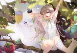 Rule 34 | 1girl, ;o, absurdres, animal, arm up, armpits, ass, bandages, bandaged leg, bandages, barefoot, bird, branch, breast pocket, dappled sunlight, dew drop, dress, feet, food, fruit, full body, hair ornament, highres, in tree, jacket, leaf, leg up, light brown hair, long hair, microdress, monosucre, nature, no panties, no pants, one eye closed, open mouth, original, outstretched hand, oversized animal, parakeet, pocket, purple eyes, ribbon, rubbing eyes, see-through, see-through jacket, sitting, sitting in tree, stretching, sunlight, tears, tree, branch, water drop, white bird, white dress, yawning