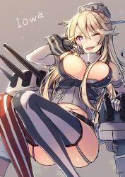 Rule 34 | 10s, 1girl, ;d, american flag legwear, asymmetrical legwear, bad id, bad nicoseiga id, bare shoulders, belt, blonde hair, blue eyes, breasts, character name, cleavage, elbow gloves, fingerless gloves, garter straps, gloves, hair between breasts, highres, iowa (kancolle), kantai collection, large breasts, long hair, machinery, midriff, miniskirt, mismatched legwear, navel, one eye closed, open mouth, shirt, simple background, skirt, smile, solo, star-shaped pupils, star (symbol), striped clothes, striped thighhighs, symbol-shaped pupils, tahya, thighhighs, tied shirt, vertical-striped clothes, vertical-striped thighhighs