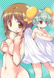 Rule 34 | 2girls, anchovy (girls und panzer), breasts, bun cover, commentary request, covering privates, covering breasts, double bun, girls und panzer, hair bun, hair up, kanibasami, long hair, looking at viewer, looking to the side, multiple girls, naked towel, navel, nishizumi miho, nude, short hair, standing, sweatdrop, towel