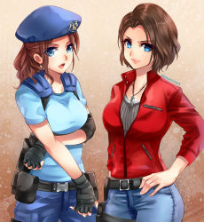 Rule 34 | 2girls, arm under breasts, belt, belt pouch, beret, black gloves, blue eyes, blue headwear, blue pants, blue shirt, breasts, brown background, brown hair, claire redfield, commentary request, cosplay, costume switch, cowboy shot, denim, elbow pads, emblem, eyes visible through hair, fingerless gloves, forehead, gloves, gradient background, grey sweater, hand on own hip, hat, holster, holstered, jacket, jeans, jewelry, jill valentine, knife, knife sheath, knife sheath, light smile, lips, looking at viewer, medium breasts, medium hair, multiple girls, nagare, necklace, open mouth, pants, pendant, pouch, red jacket, resident evil, resident evil 2, resident evil 2 (remake), sheath, shirt, short hair, short ponytail, short sleeves, side-by-side, standing, sweater, twitter username, unzipped
